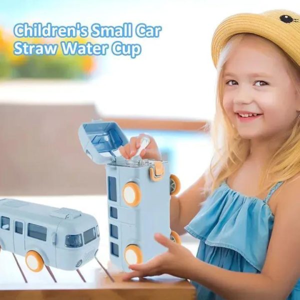 600ml-Bus Shaped Water Bottle With Straw & Strap