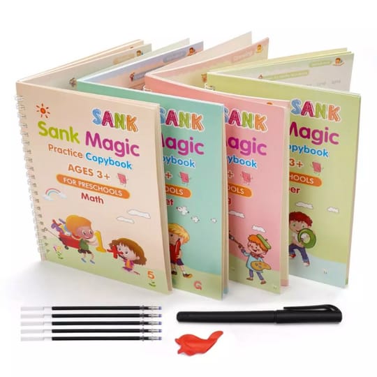 Sank Magic Tracing Books – Set of 4 Peice with magic pen & 10 refills. Fun, reusable handwriting practice for preschool kids