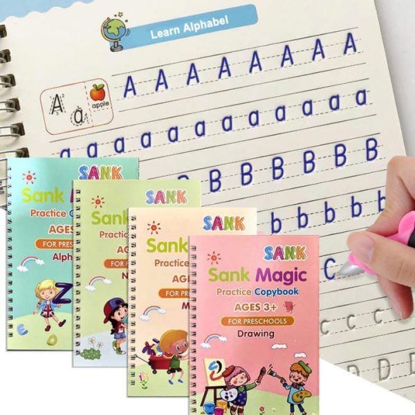 Sank Magic Tracing Books – Set of 4 Peice with magic pen & 10 refills. Fun, reusable handwriting practice for preschool kids